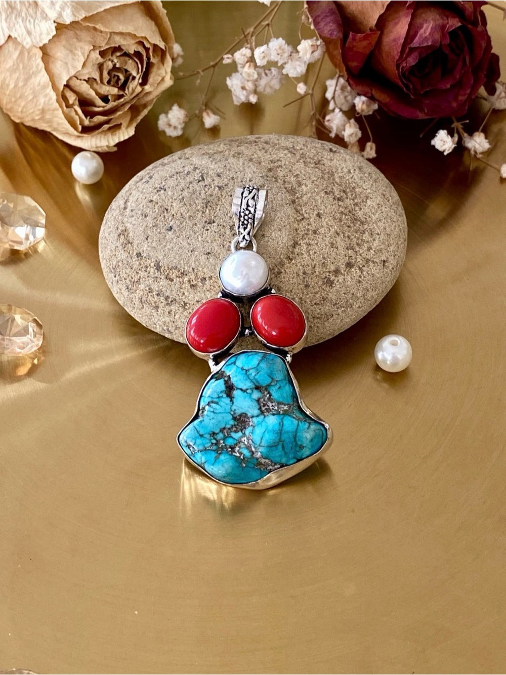 Turquoise, Coral And Biwa Pearl Pendant